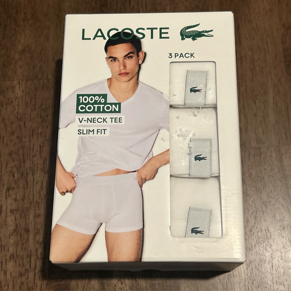 Lacoste 100% Cotton V-Neck Tee Slim Fit- 3 Pack White- Undershirt- New In Box- M